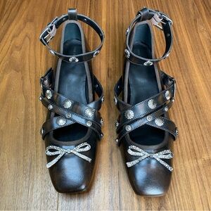 Free People Studded Strap Ballet Heels Rhinestone Bow Leather Brown Size 11